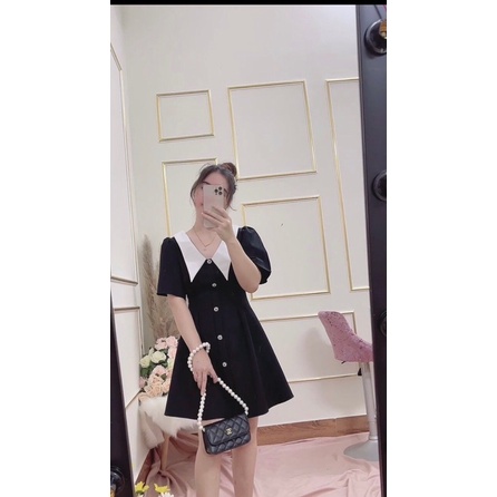 Đầm cổ sen phối màu, tay loe, 6 nút xinh xắn