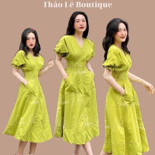 Váy dáng dài xòe nữ chiết eo tay bồng ngắn cổ v cố túi sườn màu xanh bơ - Hl