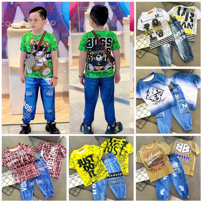 22-36kg bộ thun lạnh 3D annkids tay ngắn quần dài bé trai quần giả jeans 913