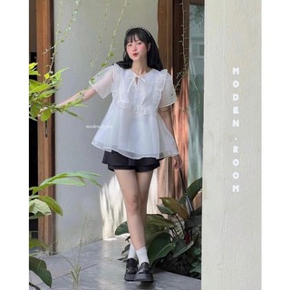Set áo voan vai nơ chân váy xếp lu