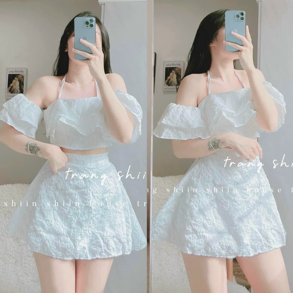 mix chân váy chữ A với tone màu trắng nhẹ nhàng