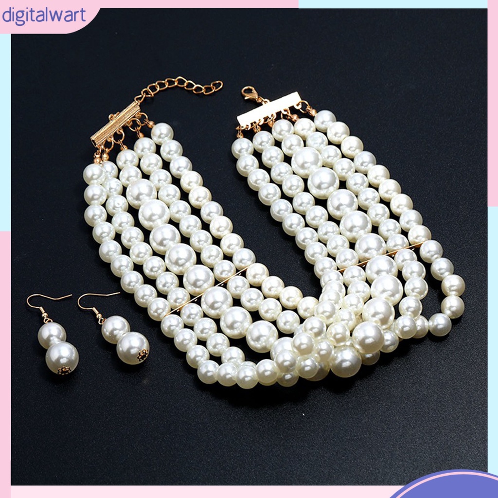 [DIWA] Bộ Vòng cổ + Bông Tai Ngắn Nhiều Lớp Đính Hạt Ngọc Trai Giả Thời Trang Dành Cho Cô Dâu