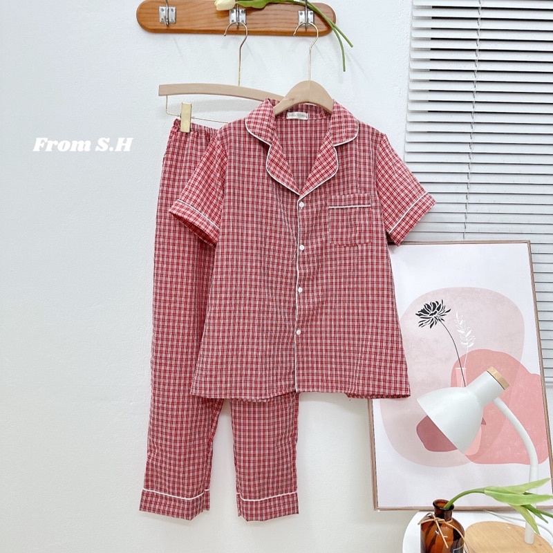 Bộ Pijama Đũi Kẻ Mặc Nhà Kiểu Dáng Basic Đồ Ngủ Nữ Xinh