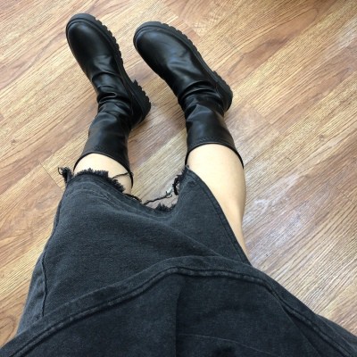 Order - Giày bốt,boot da nhăn đế 4,5cm phong cách All Black, Ulzzang