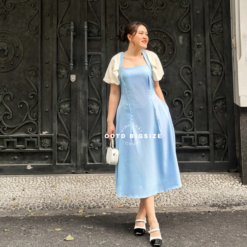 Đầm bigsize midi tay bồng kem cổ tam giác (OOTD BIGSIZE)