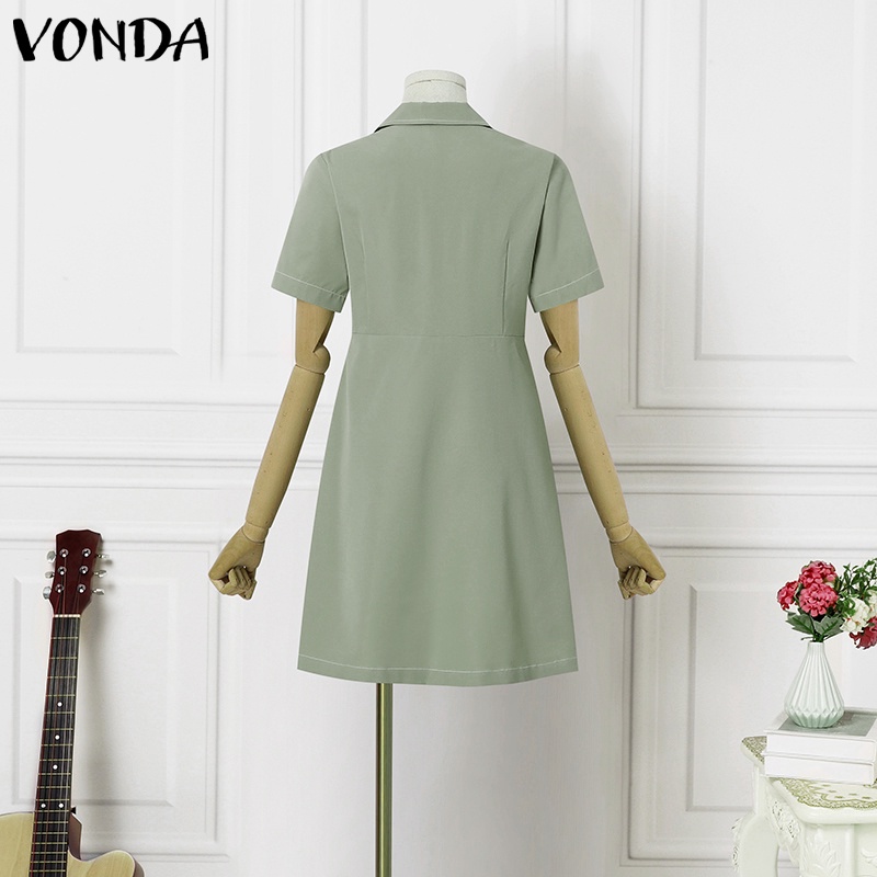 Đầm mini VONDA tay ngắn cổ bẻ cài nút màu sắc tương phản phong cách Hàn Quốc thời trang cho nữ