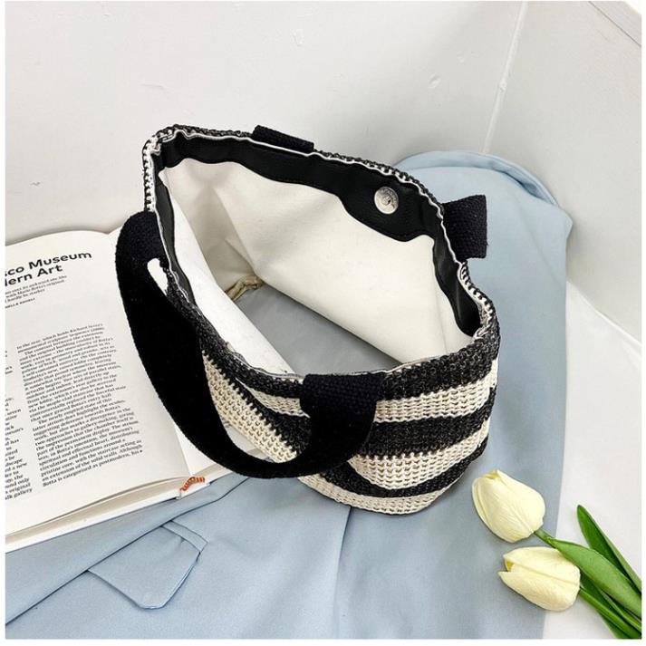 Túi Cói Đeo Chéo Họa Tiết Kẻ Sọc Đơn Giản Phong Cách Mới 2022 Cho Nữ