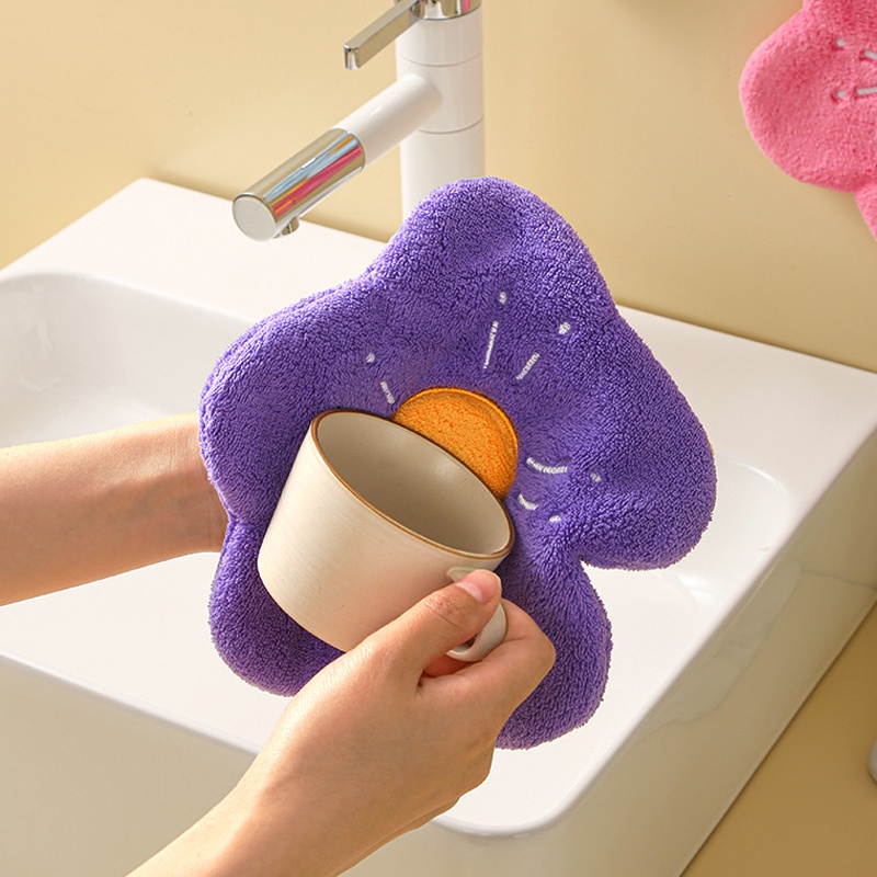 Khăn Lau Chén Dĩa Bằng Vải Nhung San Hô Dày Dặn Mềm Mại Thấm Hút Nước Khô Nhanh Hình Bông Hoa Có Thể Treo Bồn Rửa