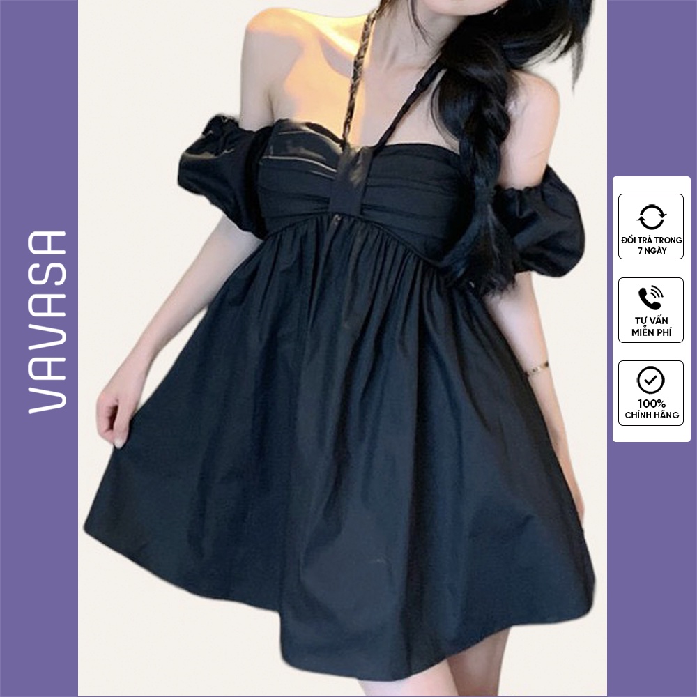 Váy babydoll nữ dáng xoè cổ đính nơ chất thô mềm xếp, tiểu thư VAVASA V89