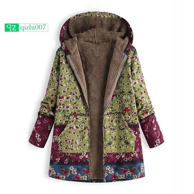 Áo Khoác Lông Cừu Có Nón In Hình Hoa Có Túi Màu Xanh Lá Dành Cho Nữ Size S