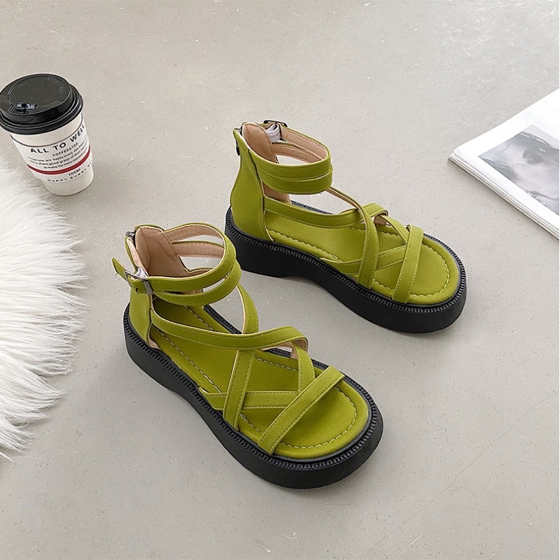 Giày Sandal Da Quai Chéo Cổ Cao Có Khoá Sau Đế Bánh Mì Phong Cách Mùa Hè 2023