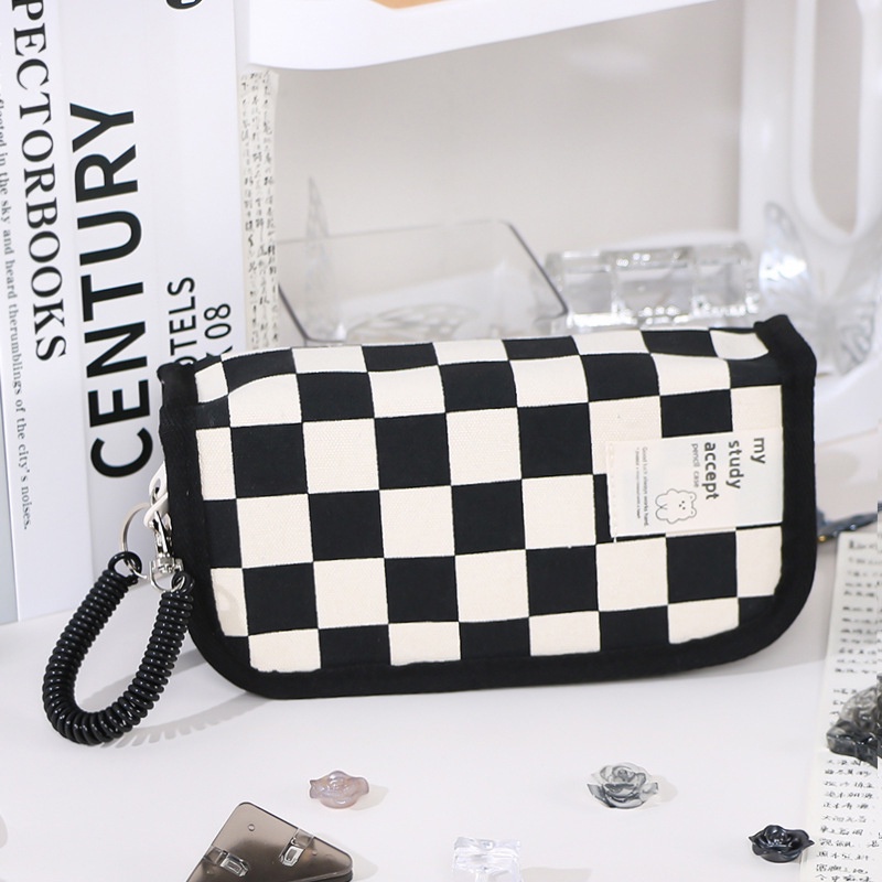 Túi Đựng Bút Chì Kẻ Ô Màu Trắng Đen Dung Tích Lớn Phong Cách Nhật Bản