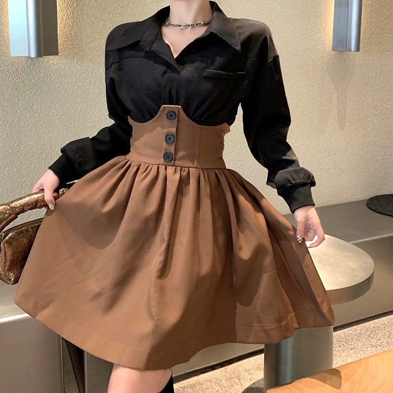 Sét Áo Sơ Mi Đen + Chân Váy Nâu   JARI-CLOTHES Sang Trọng Che Khuyết Điểm Cho Nữ