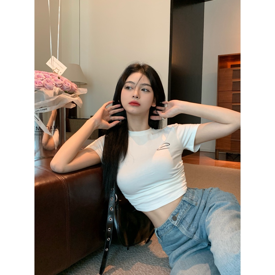 HUANG YOYO croptop Áo Thun Lửng Ngắn Tay Hở Vai Thời Trang Hàn Quốc Cho Nữ