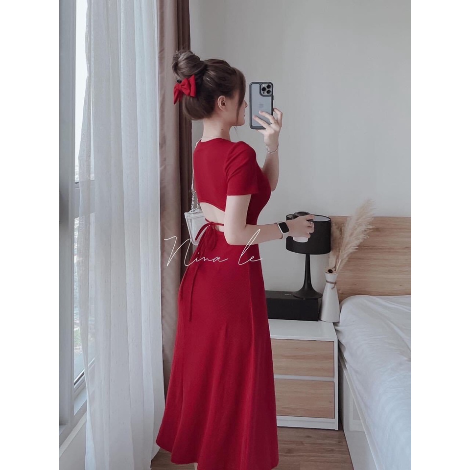 [3.3 Sales Freeship] Đầm thun trơn cổ tròn dáng dài hở lưng cột dây, đầm thun basic tay ngắn nhiều màu sắc đơn giản mtb