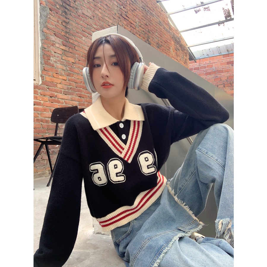 ZHELIHANGFEI Áo Len Tay Dài Cổ POLO Phong Cách Preppy Gợi Cảm
