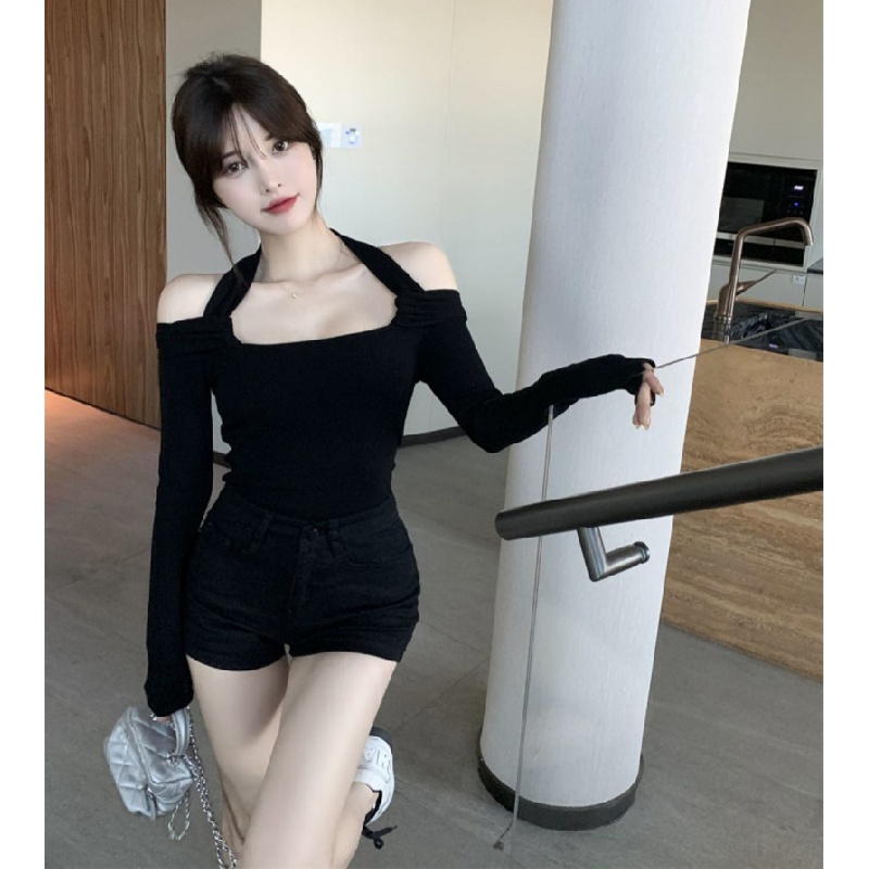 Áo Thun Dệt Kim Mỏng Tay Dài Hở Vai Thời Trang Mùa Xuân 2023 Quyến Rũ Cho Nữ