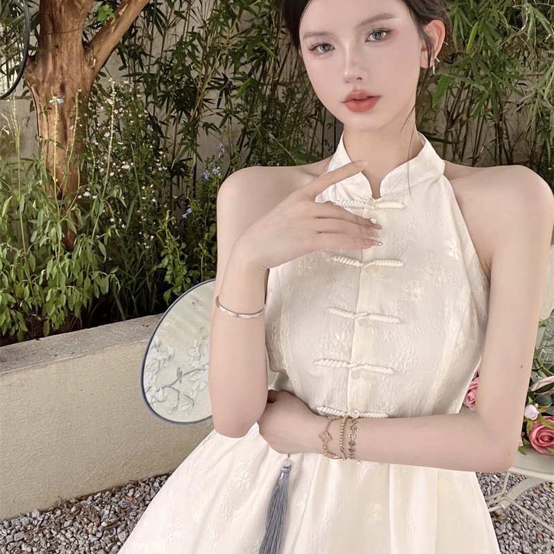 IELGY Đầm Trắng Không Tay Nhấn Eo Phong Cách retro Dành Cho Nữ