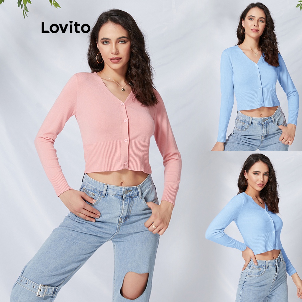 Lovito Áo cardigan trơn cổ chữ V L09062