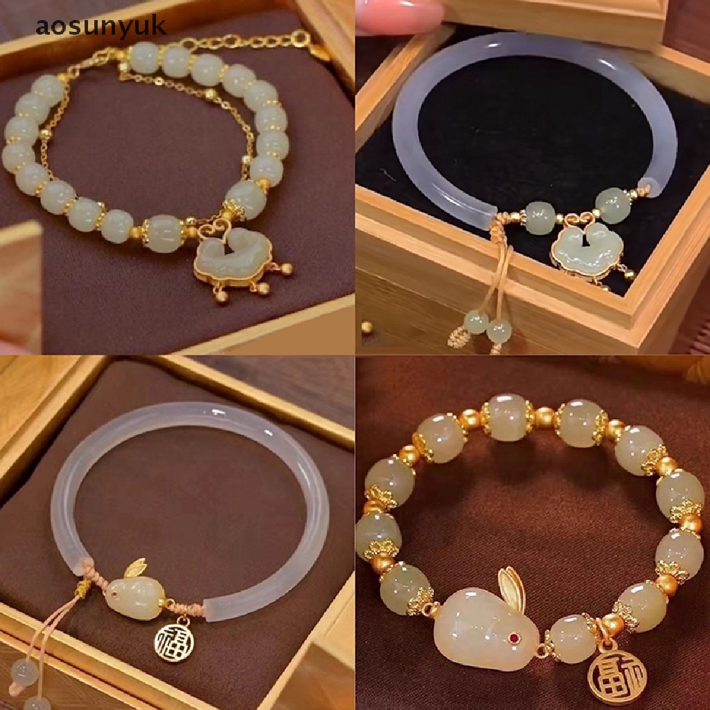 Aosunyuk Vòng Tay Hạt Tròn Mặt Hình Thỏ Vintage Trung Hoa Có Thể Điều Chỉnh Trang Sức