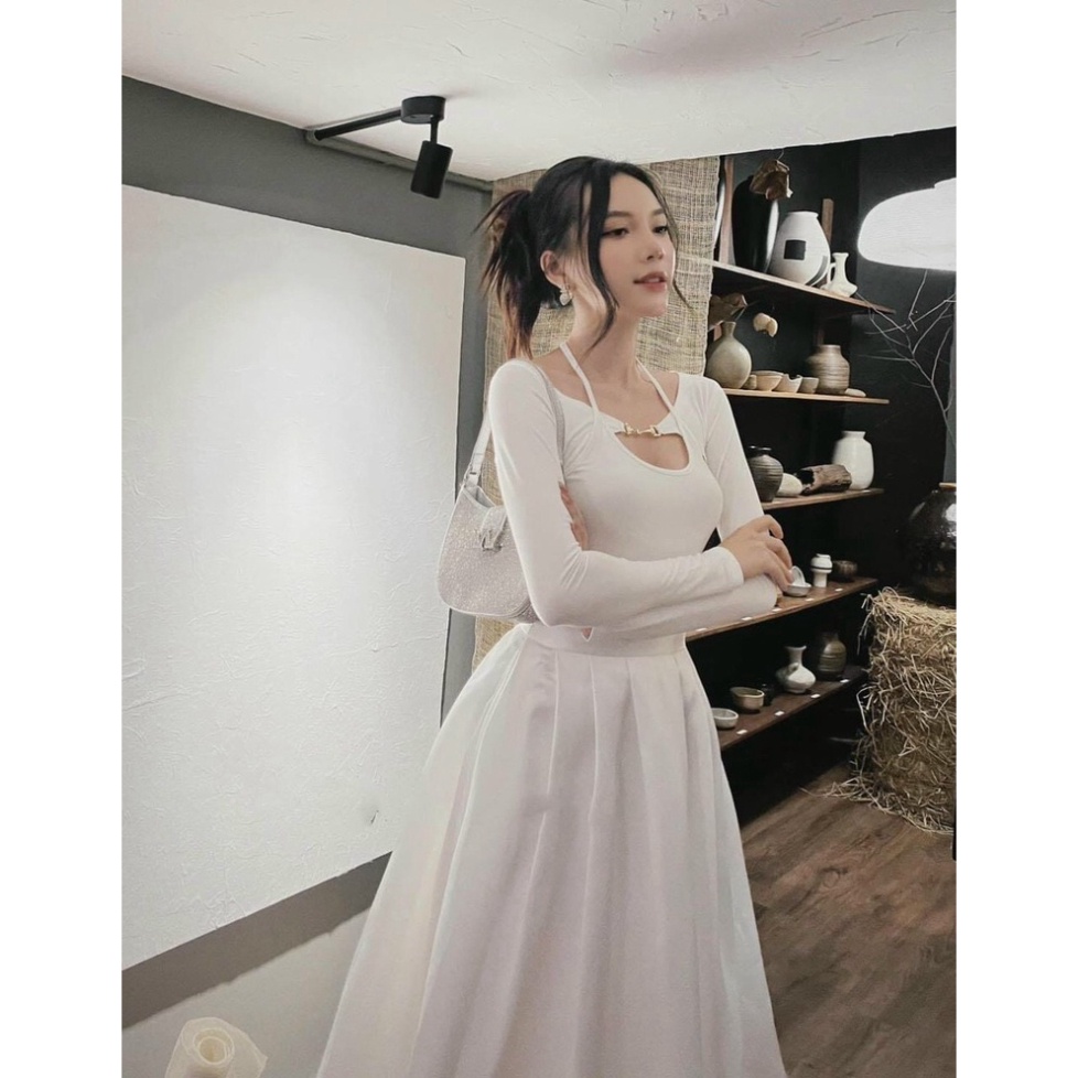 Sét áo croptop yếm choàng cổ kèm áo khoác ngoài tay dài - VD860