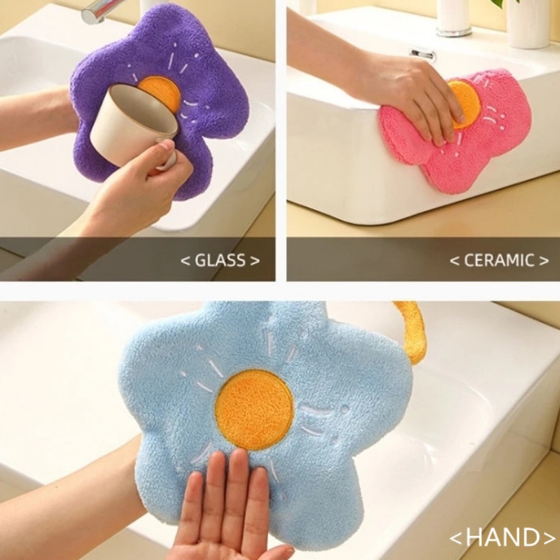 Khăn Lau Chén Dĩa Bằng Vải Nhung San Hô Dày Dặn Mềm Mại Thấm Hút Nước Khô Nhanh Hình Bông Hoa Có Thể Treo Bồn Rửa