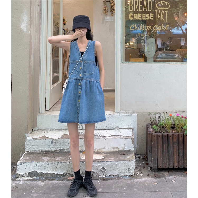 Đầm Yếm Denim Cổ Chữ V Thiết Kế Mới Thời Trang Mùa Hè 2023 Dành Cho Nữ