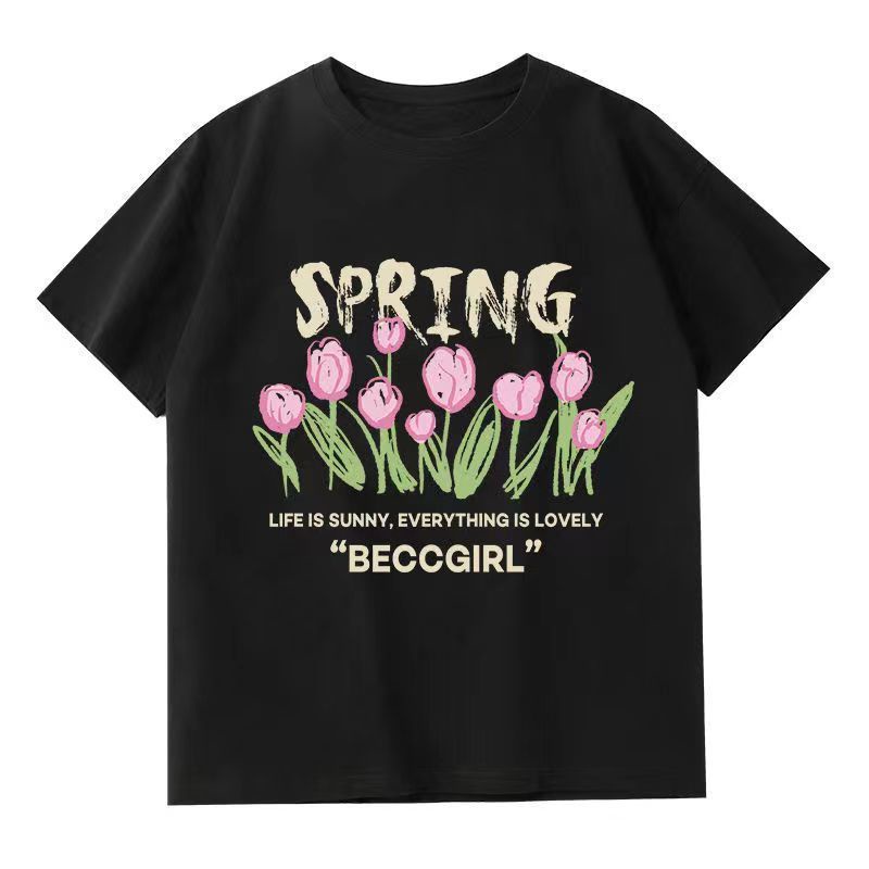 Áo thun COZOKC ngắn tay dáng rộng in hình hoa tulip thời trang