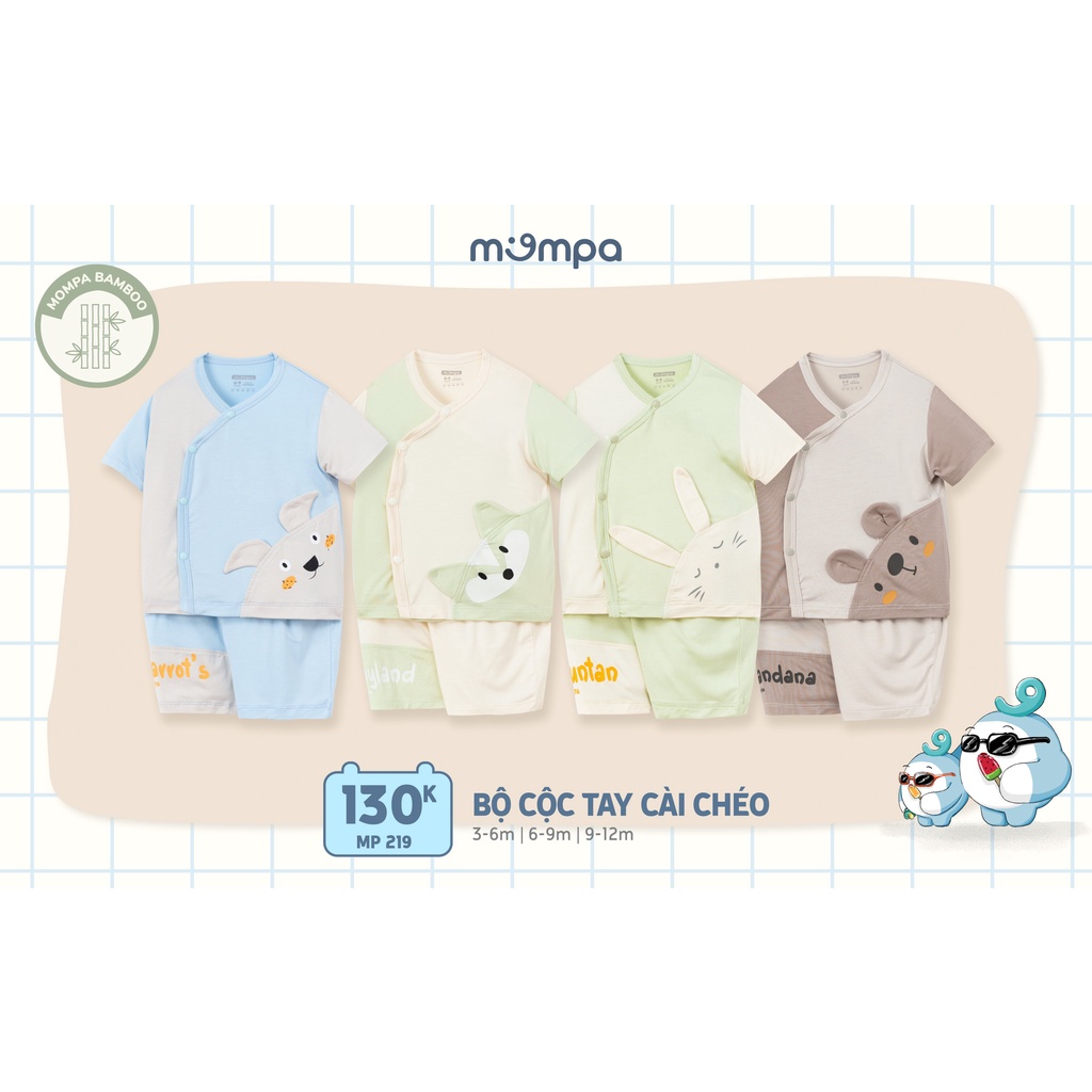 Bộ quần áo cộc tay cài chéo cho bé Mompa từ 3~12M - Chất vải tre, 4 màu lựa chọn MP219
