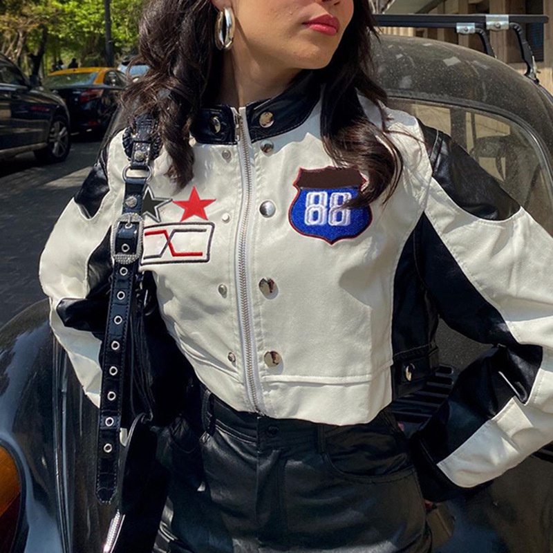 Áo khoác nữ da Biker thêu hình AD002 [Crop/ Y2K/ Us/UK Style ]