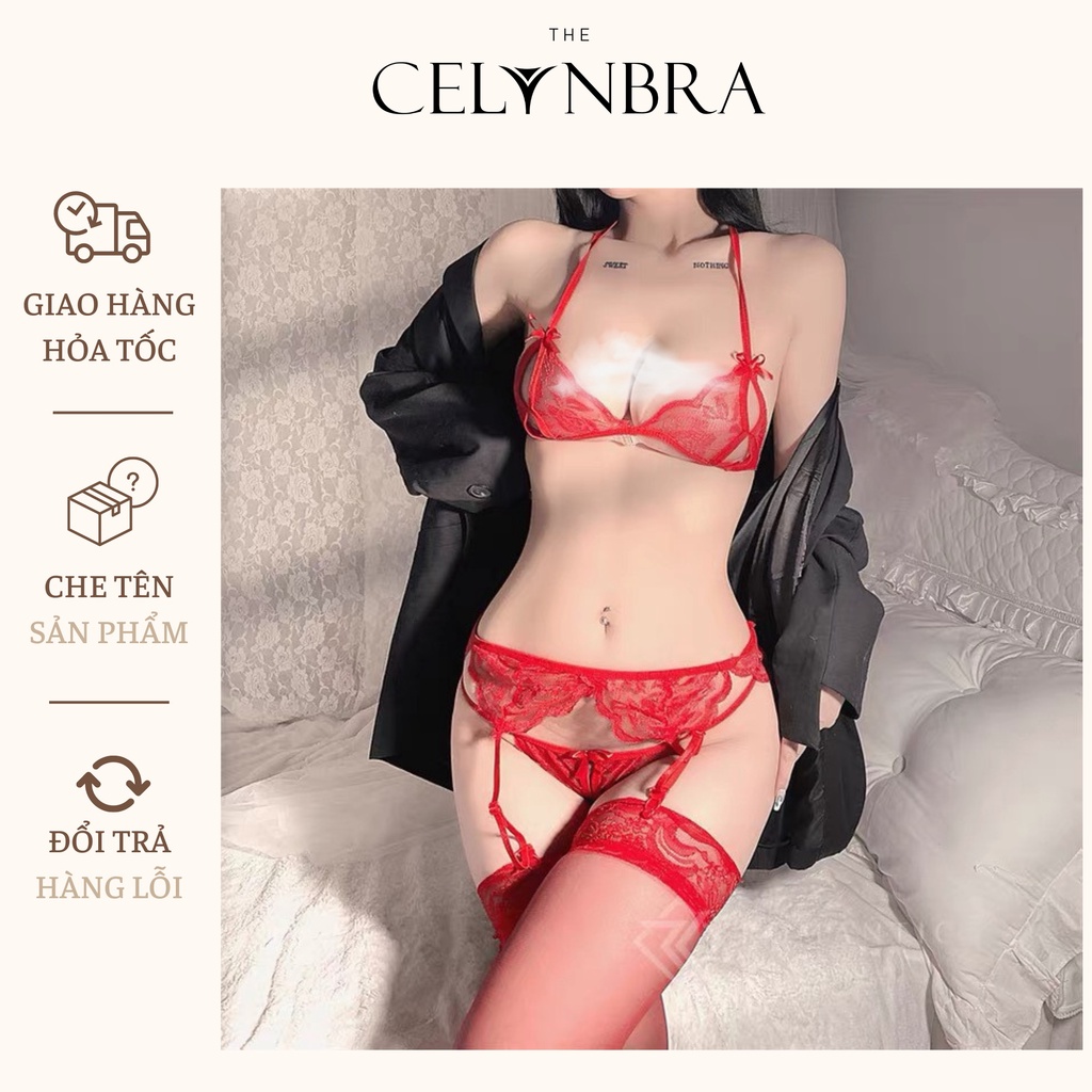 Bộ đồ lót ren xuyên thấu kèm kẹp tất, quần lọt khe kèm áo ren hình bướm quyến rũ THE CELYNBRA - B29