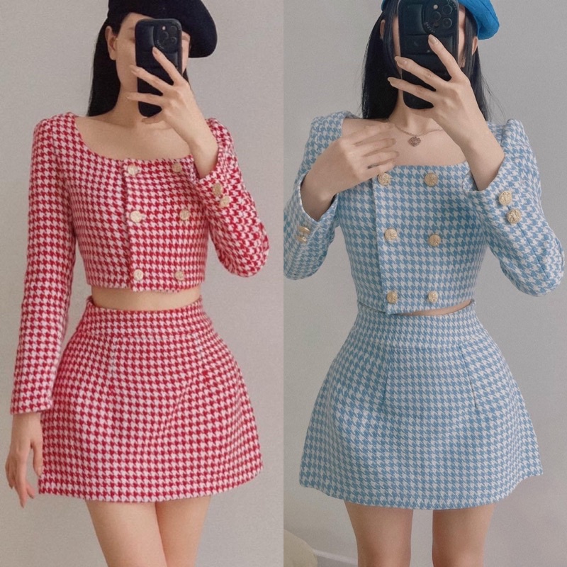 Set croptop dạ kẻ caro cổ vuông tay dài nút đồng + Chân váy mini dáng ngắn