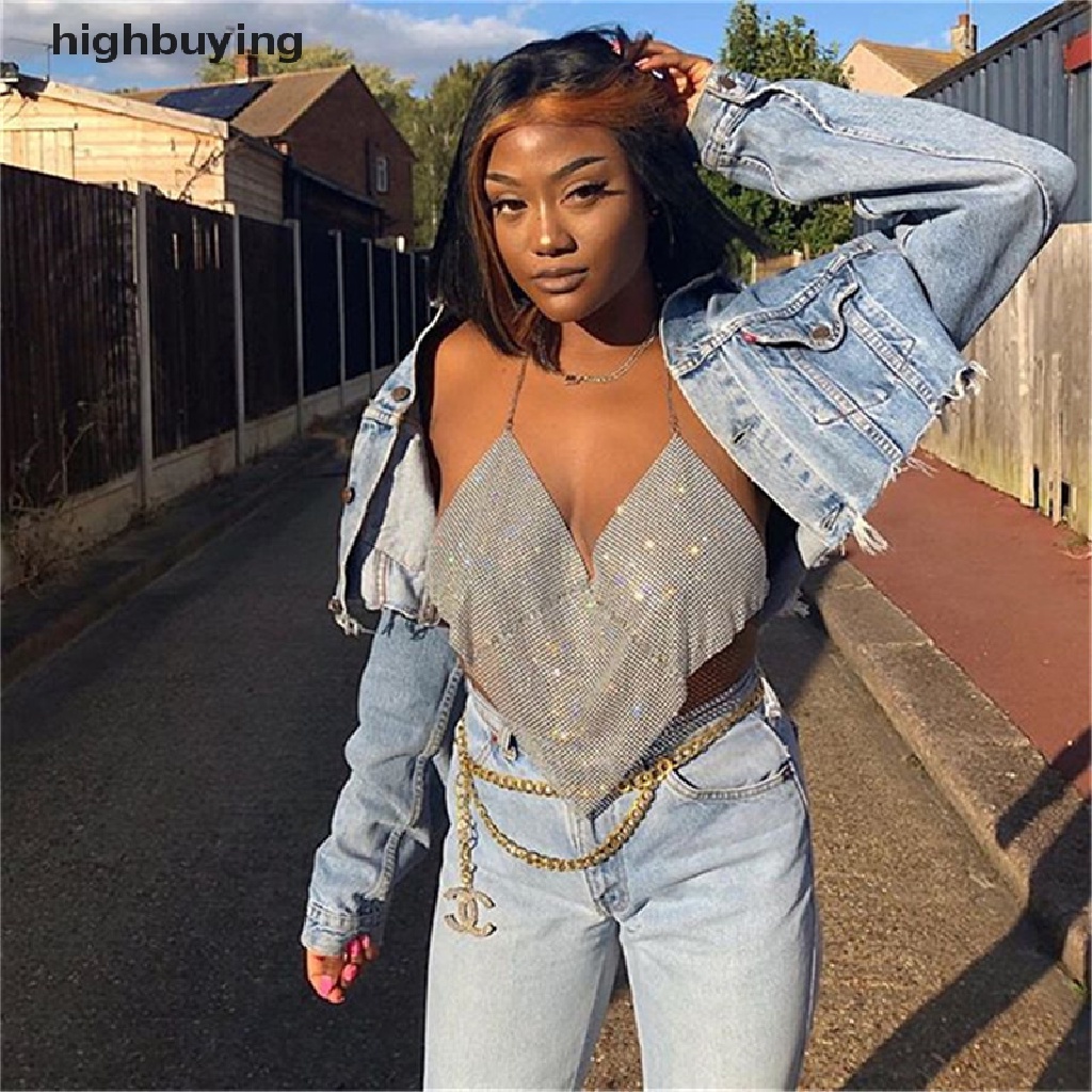 Hbvn Belle Áo Crop Top Hai Dây Đính Kim Cương Pha Lê Hình Tam Giác Hở Lưng Gợi Cảm Đi Hộp Đêm Cho Nữ