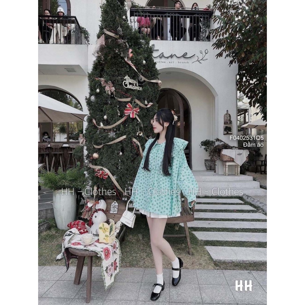 Áo kiểu babydoll họa tiết cổ bèo tay dài hàng QC
