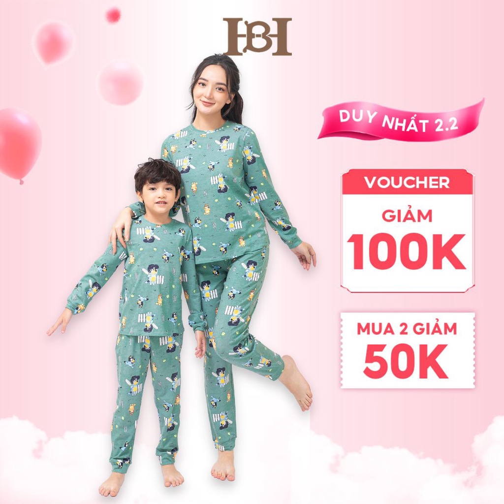 Bộ quần áo dài tay HAPIIBABII vải cotton organic thoáng mát, hình chú chó cho mẹ và bé mặc ở nhà thu đông (1-10 Tuổi)
