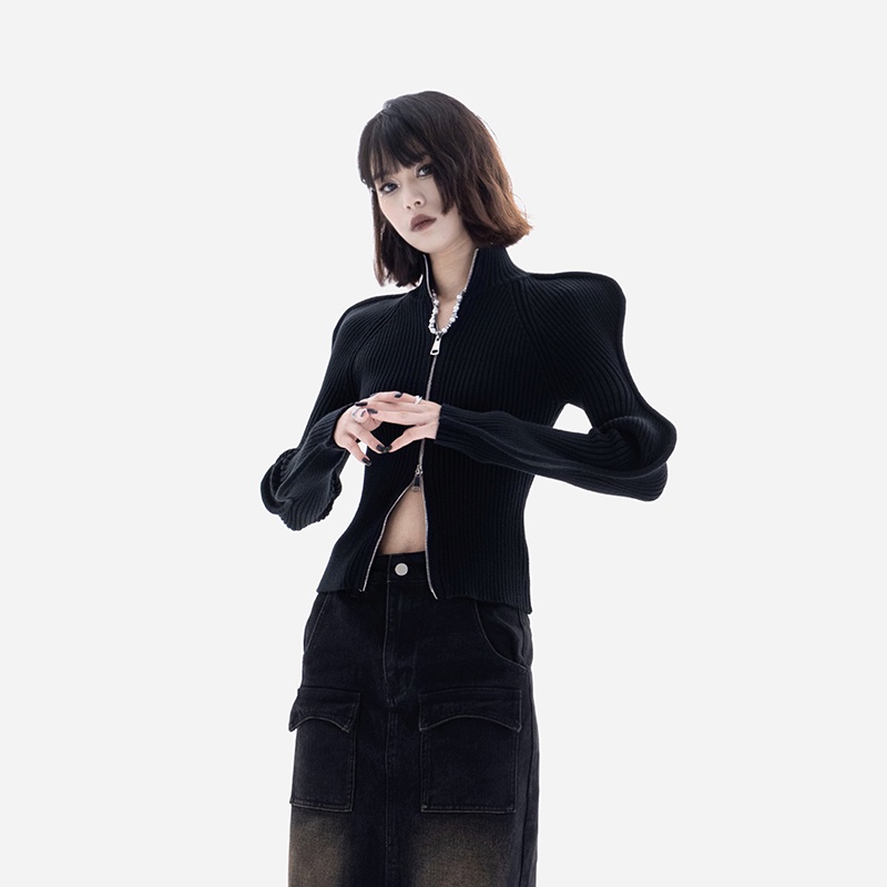 Fine Studio Áo Sweater Dệt Kim Dáng Ôm Có Khóa Kéo Gợn Sóng Nước Phong Cách Mới Thu Đông Đơn Giản Dễ Phối Đồ