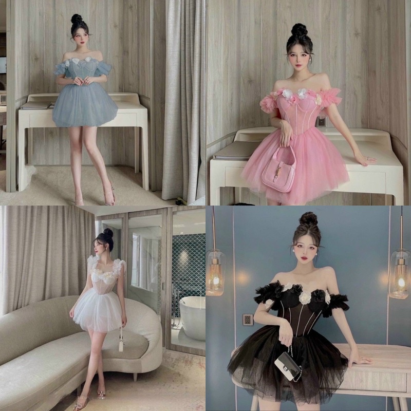 ĐẦM XOÈ BÈO TRỄ VAI ĐÍNH HOA 3D ( ảnh thật )