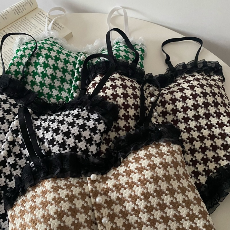 Áo Hai Dây Phối Ren Họa Tiết Sọc Caro Phong Cách Quyến Rũ