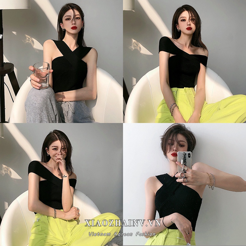 Áo Croptop Tay Ngắn Màu Trơn Thiết Kế Trễ Vai Quyến Rũ