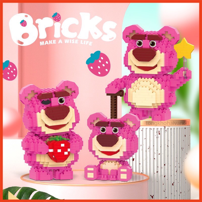 Mô Hình Lắp Ráp Gấu Dâu Lotso Hoạt Hình, Đồ Chơi Xếp Hình Gấu Dâu Dễ Thương