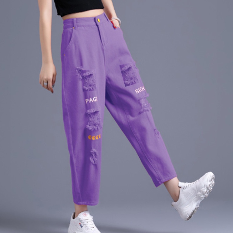 Quần Jean Rách Phong Cách Châu Âu Thời Trang Xuân Hè Mới 2023 9 Tấc Màu Cam