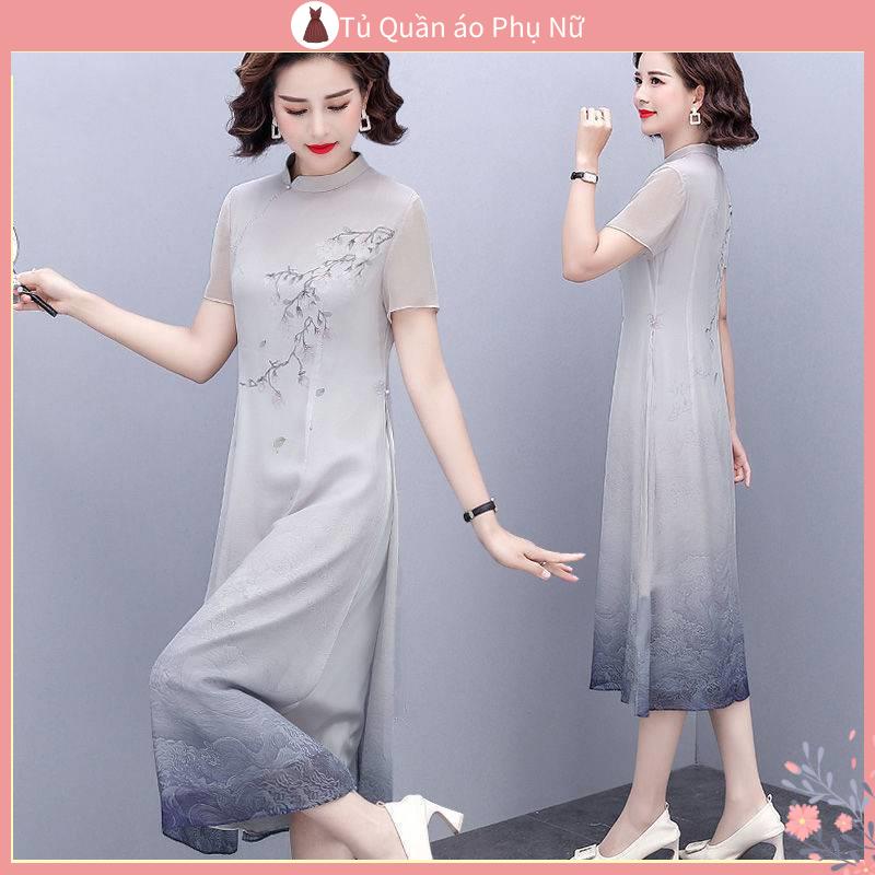 Đầm Sườn Xám Giả Hai Lớp Tay Ngắn Phong Cách Trung Hoa cho Phụ Nữ Trung Niên