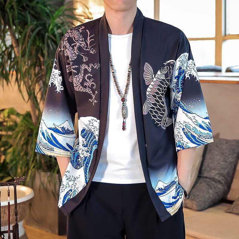 cuban shirt Áo Sơ Mi áo sơ mi nam sơ mi nam áo hoa flannel，Áo Khoác Kimono Tay Lửng Dáng Rộng In Họa Tiết Cá Chép Biển Phong Cách Nhật Bản Cho Nam Nữ