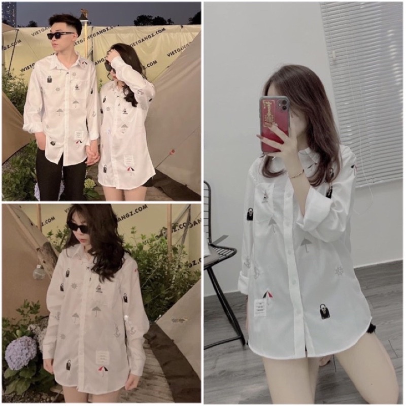 Áo Sơ Mi Nữ Tay Dài Form Rộng Unisex Nam Nữ Ulzzang In Hoạ Tiết Khoá Mỏ Neo Vải Lụa Hàn( Hàng Sẵn, Ảnh Thật)