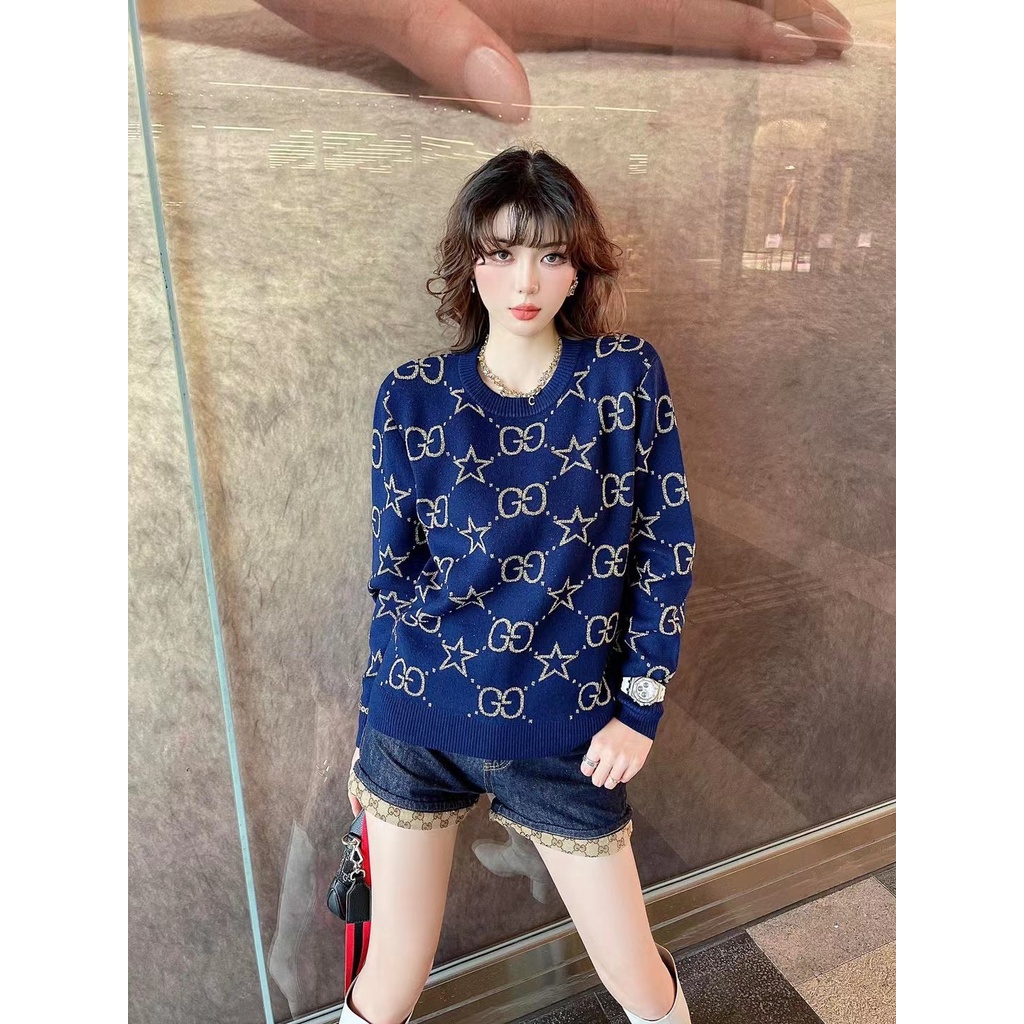 Áo len dài tay họa tiết chữ và ngôi sao thời trang cao cấp Gucci GG GC phong cách trẻ trung, năng động
