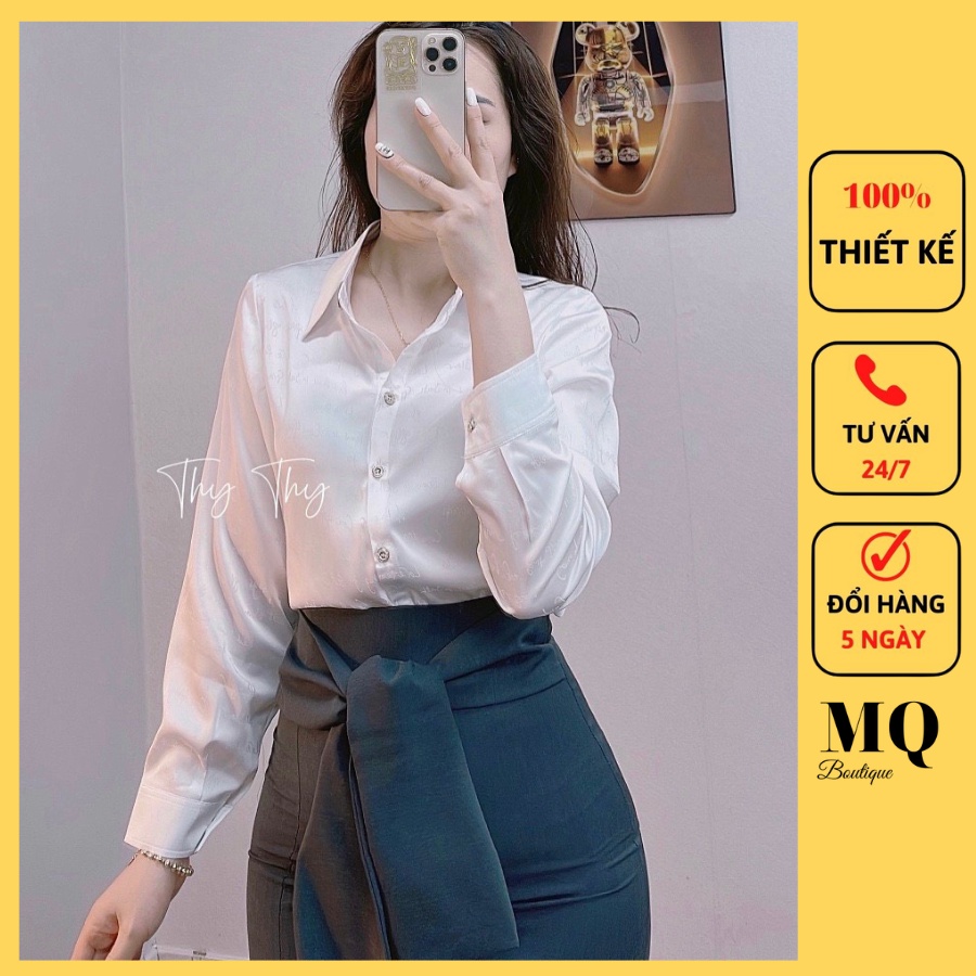 Áo sơ mi trắng lụa dài tay cao cấp công sở chữ nhỏ nổi màu trắng dáng cơ bản thanh lịch, áo sơ mi thiết kế MQ Boutique