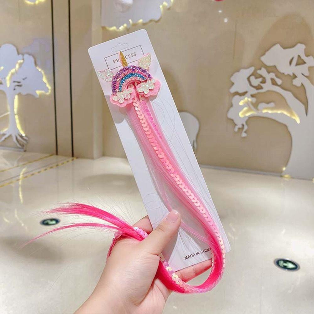 Tóc Giả Dài Thẳng Tự Nhiên Màu Cầu Vồng Đính Sequin Lấp Lánh Dễ Thương Cho Bé Gái