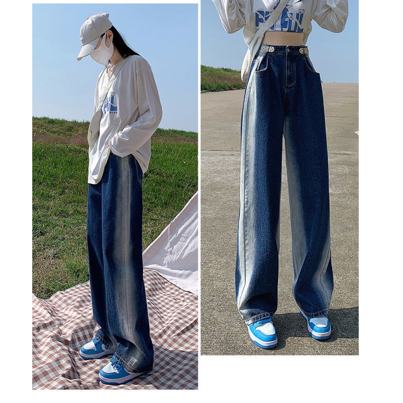 Quần denim RENJIANVSHENG lưng cao ống rộng phong cách Hàn Quốc retro trẻ trung thời trang