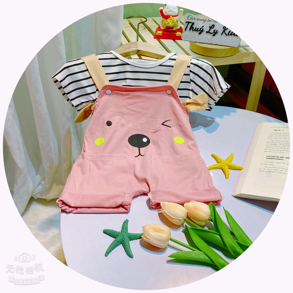 Set yếm kèm áo kẻ mẫu in mặt cún cho bé trai bé gái