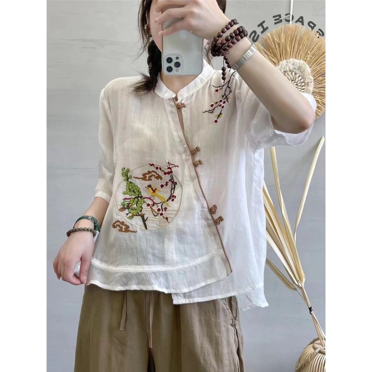 ICE Cotton and Linen Top Embroidered Printed Chinese Button Knots Sun Protection Shirt Japanese and Korean Foreign Trade Original Sample Women's Clothes Cotton and Linen